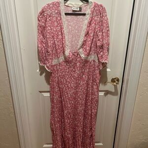 RIXO Pink and White Lace-Trimmed Dress